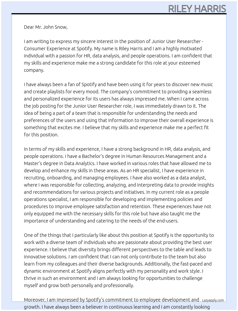 Cover letter for junior user researcher - consumer experience - LazyApply