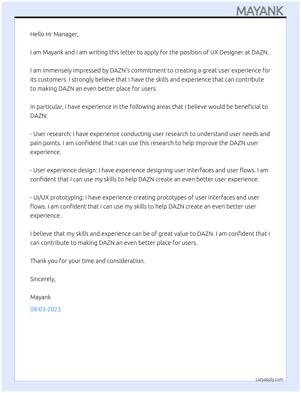 UX Designer At DAZN Cover Letter