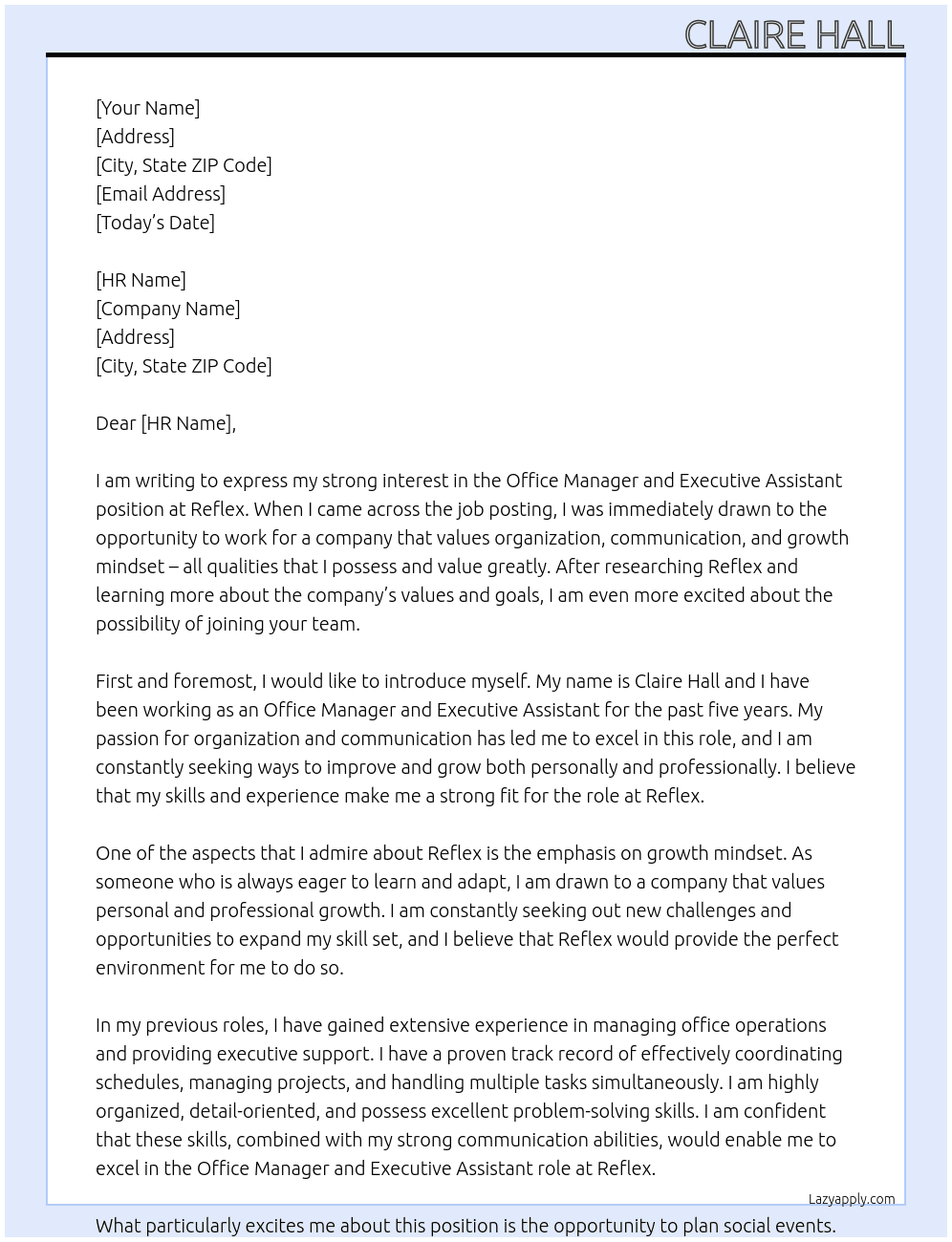 Office Manager and Executive Assistant  At Reflex Cover Letter