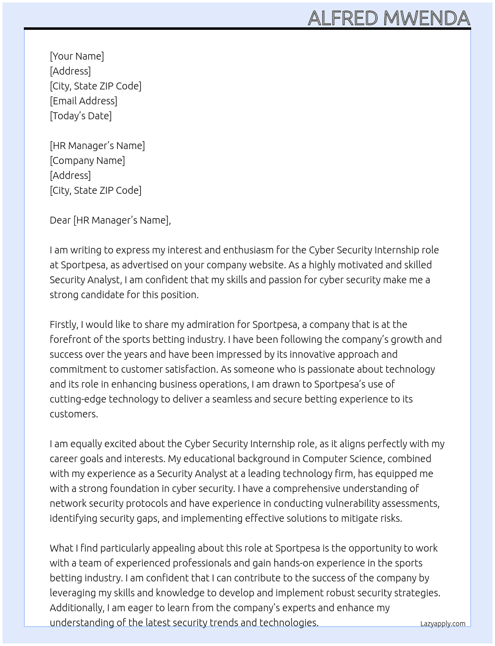 Cyber security At sportpesa Cover Letter
