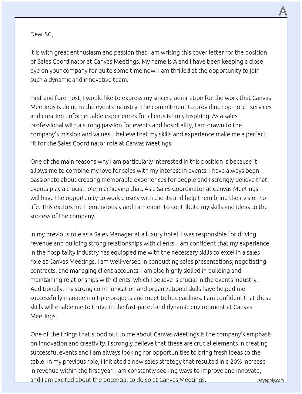 Sales Coordinator At Canvas Meetings Cover Letter