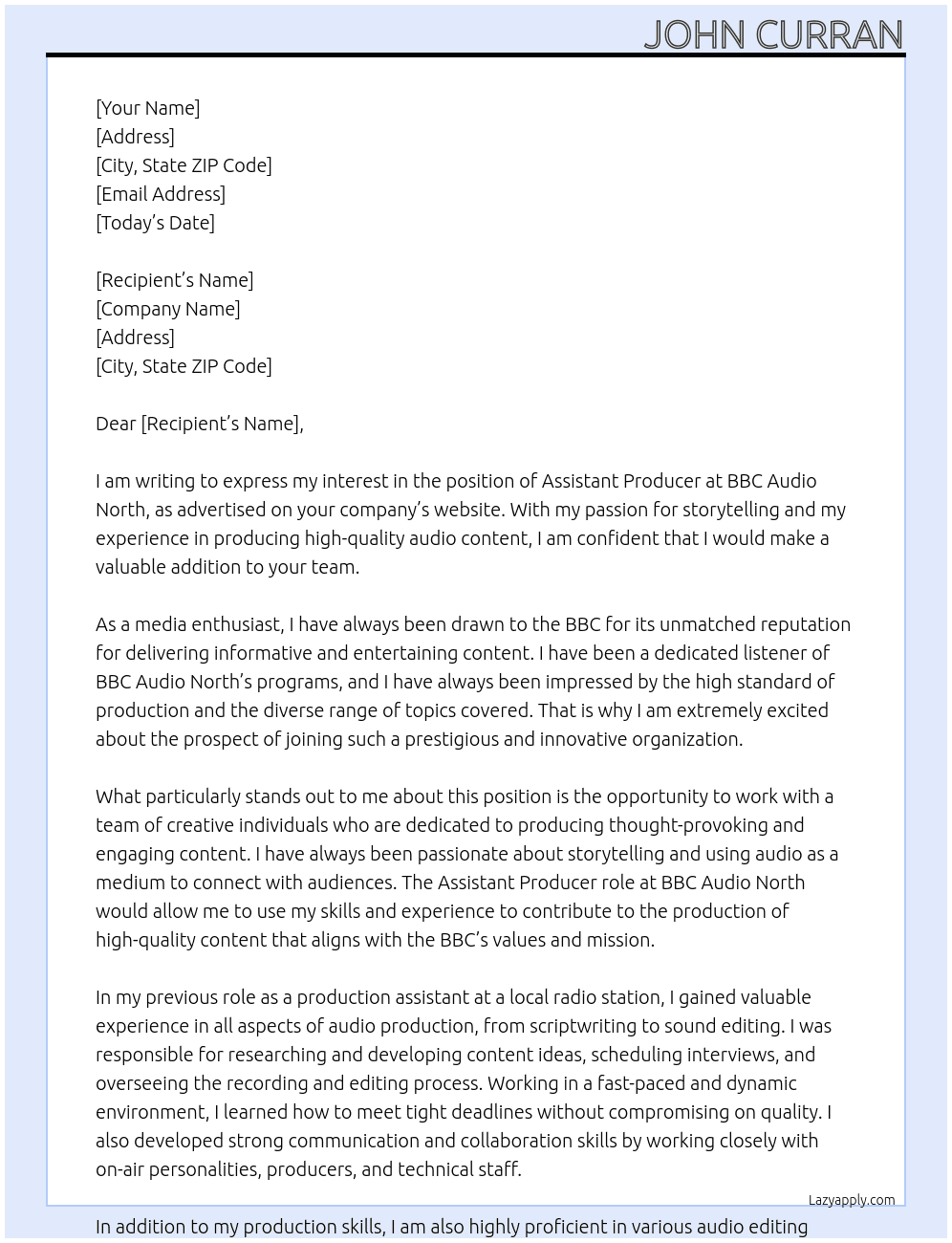 Assistant Producer At BBC Cover Letter