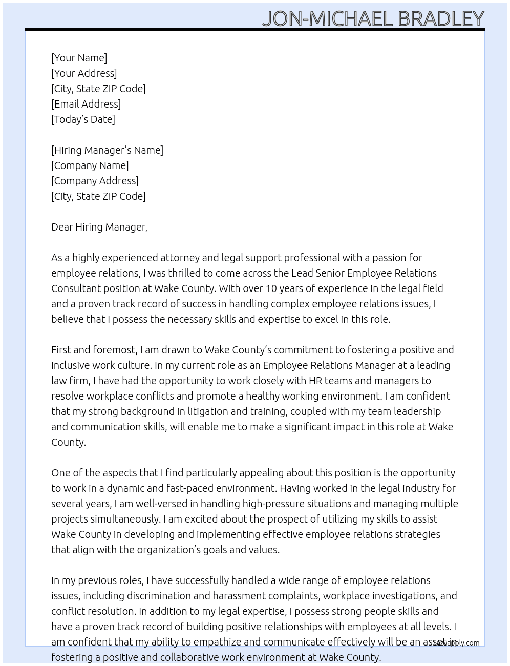 Lead Senior Employee Relations Consultant At Wake County  Cover Letter