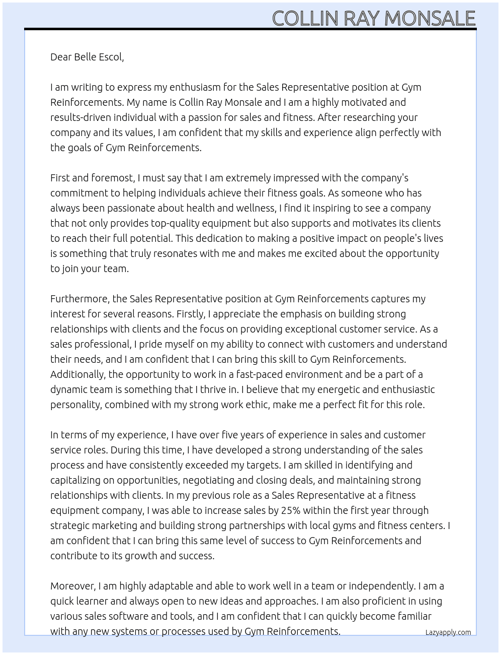 Sales representative At Gym Reinforcements Cover Letter