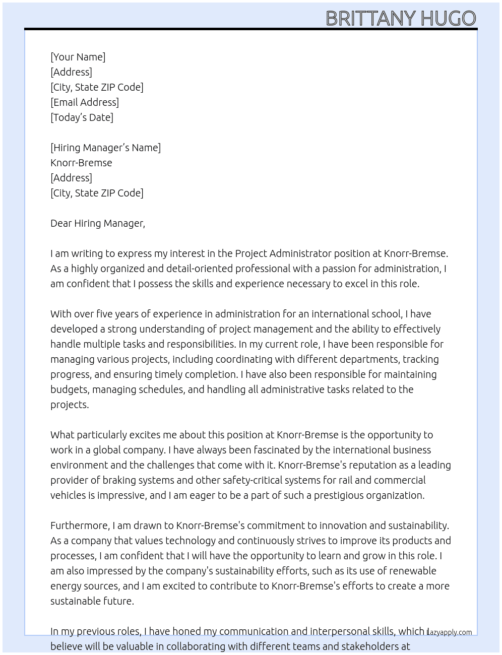 Project Administrator At Knorr-Bremse Cover Letter