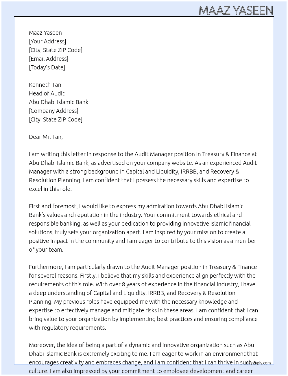 Audit Manager - Treasury & Finance At Abu Dhabi Islamic Bank Cover Letter