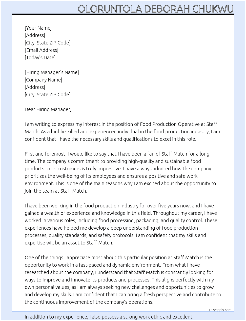 food production operative At staff match Cover Letter