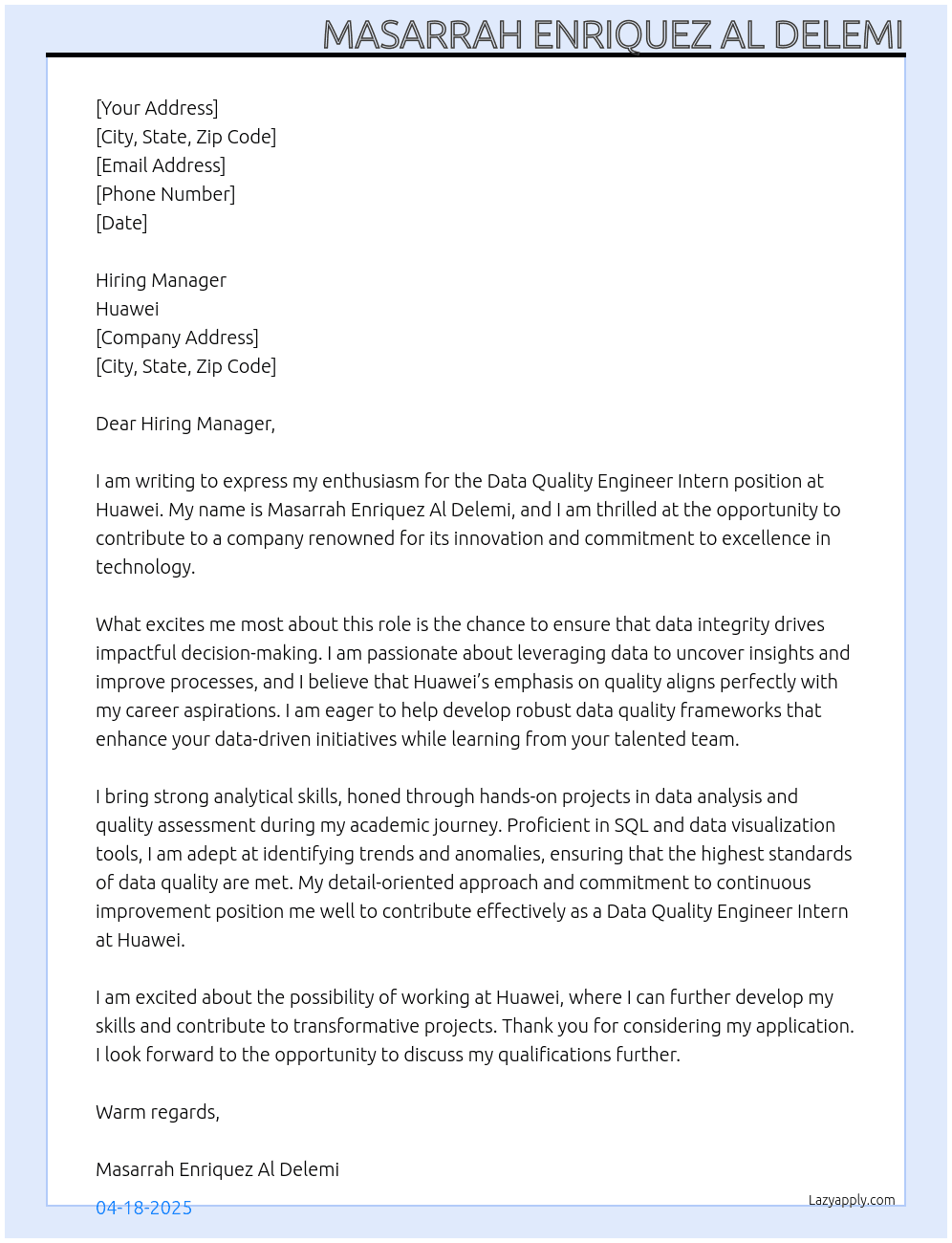 Cover letter for data quality engineer intern - LazyApply