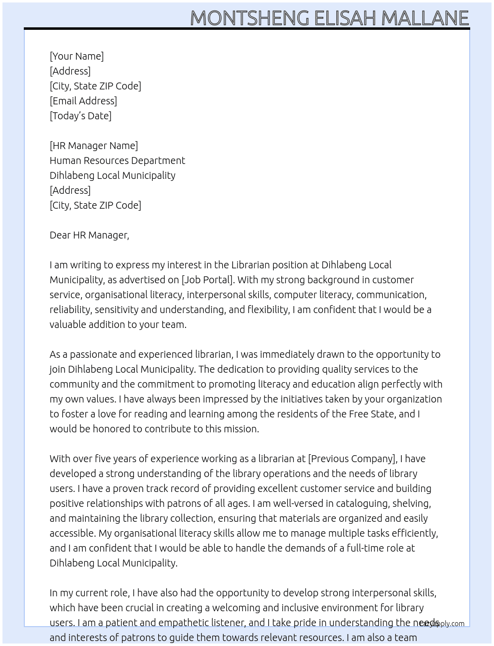 Librarian At Dihlabeng Local Munucipality Cover Letter
