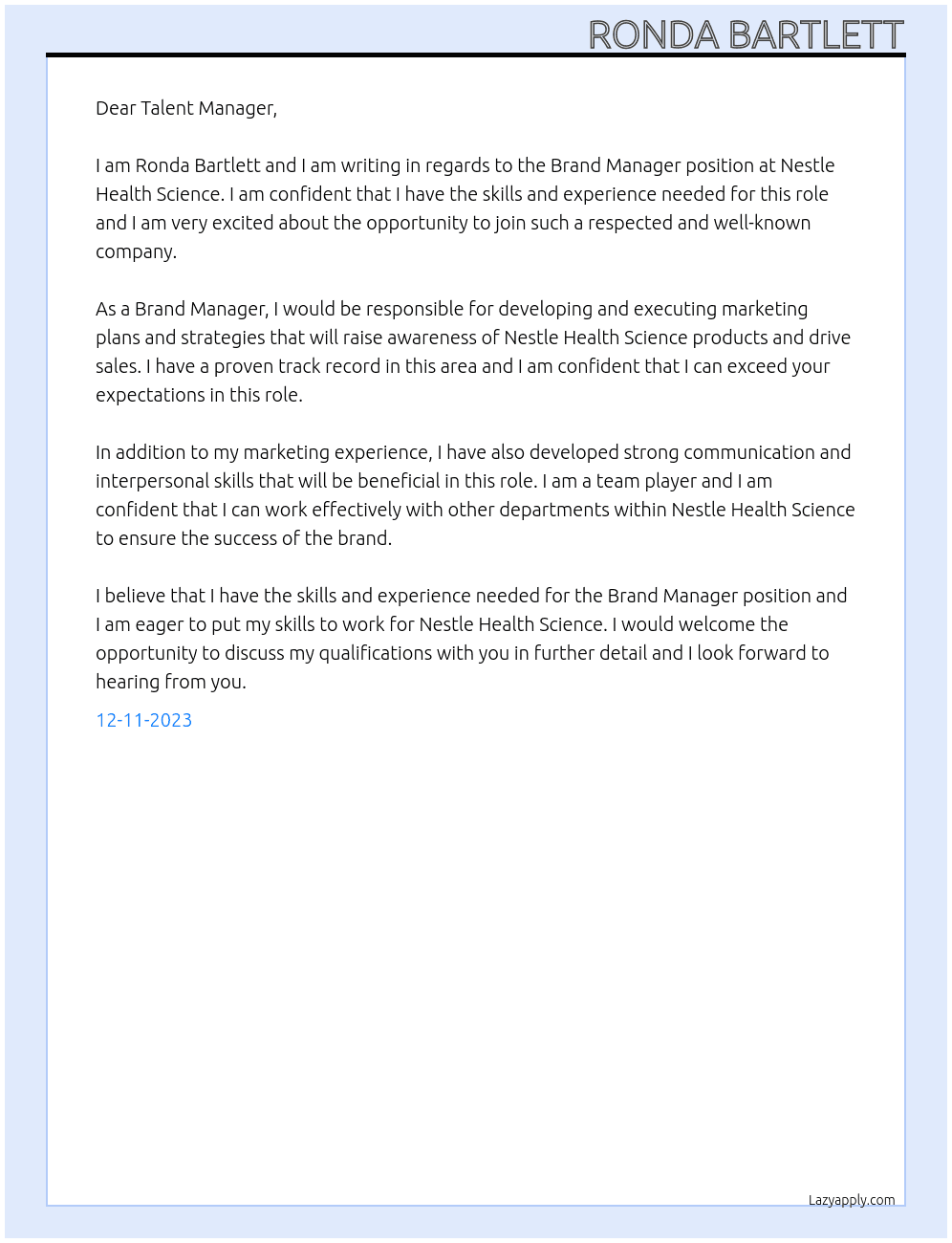 Brand Manager At Nestle Health Science Cover Letter
