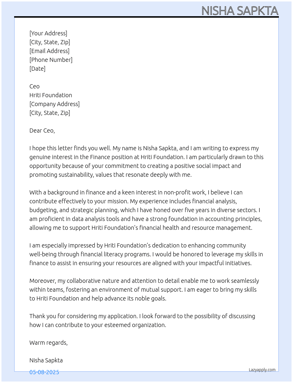 Finance  At Hriti foundation  Cover Letter