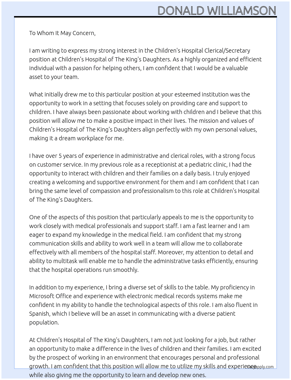 Children's Hospital Clerical/Secretary At Children's Hospital of The King's Daughters Cover Letter