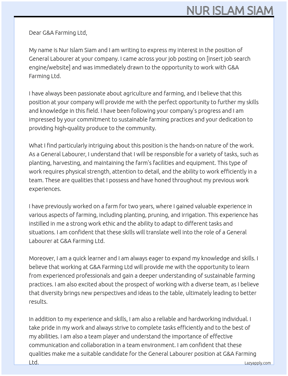General labourer At G&A Farming Ltd Cover Letter