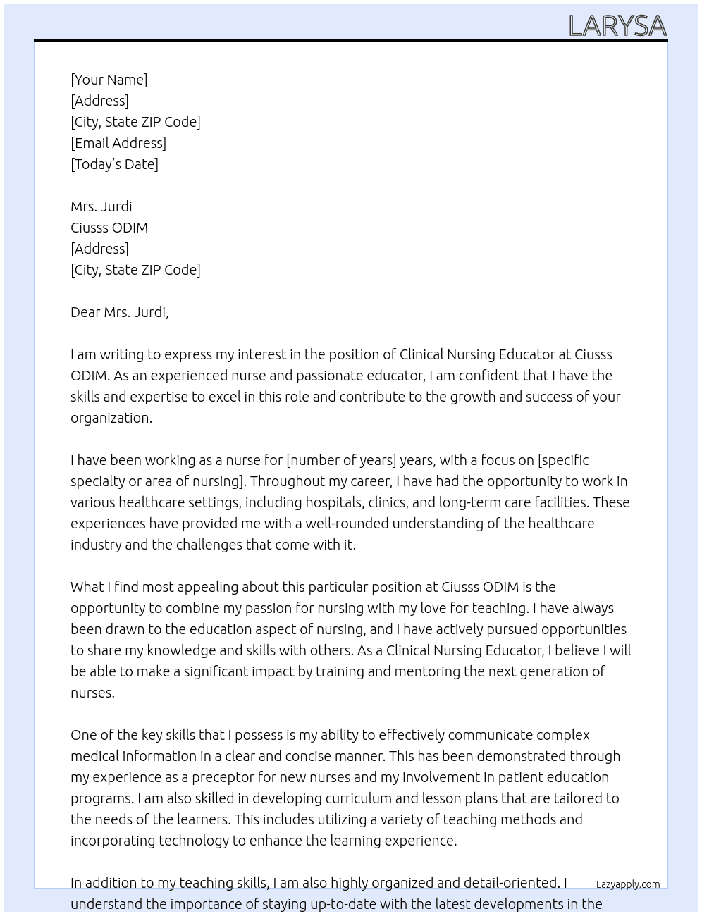 Clinical Nursing Educator At Ciusss ODIM Cover Letter