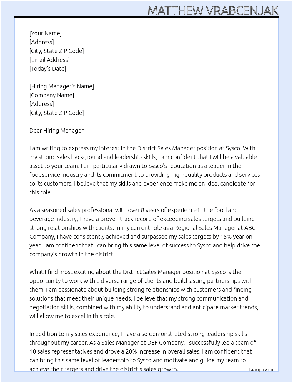 District Sales Manager At Sysco Cover Letter