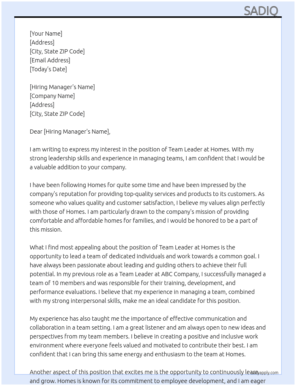 team leader  At homes  Cover Letter