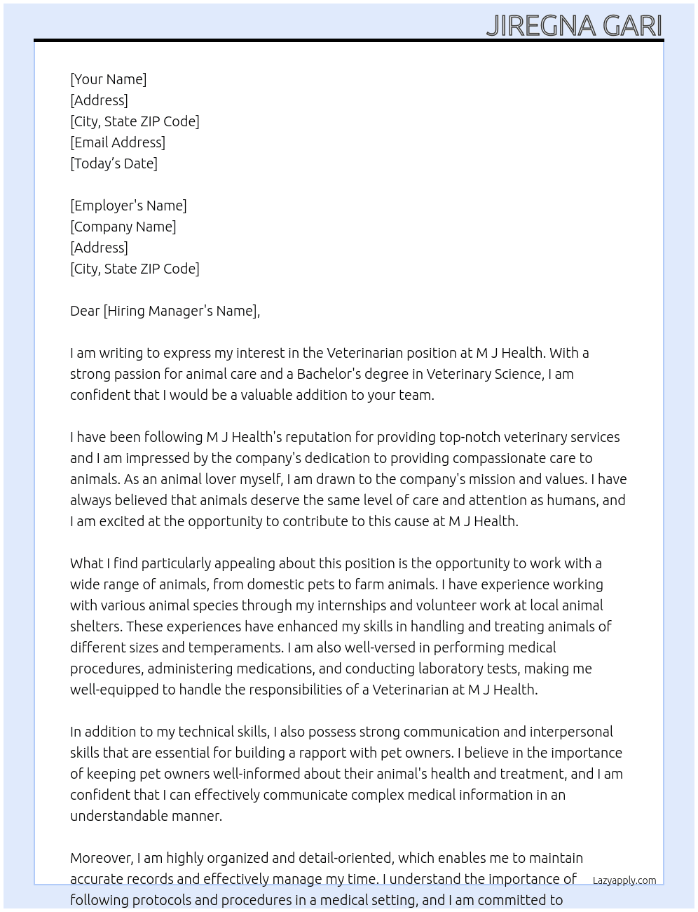 Veterinaria At M J Health Cover Letter