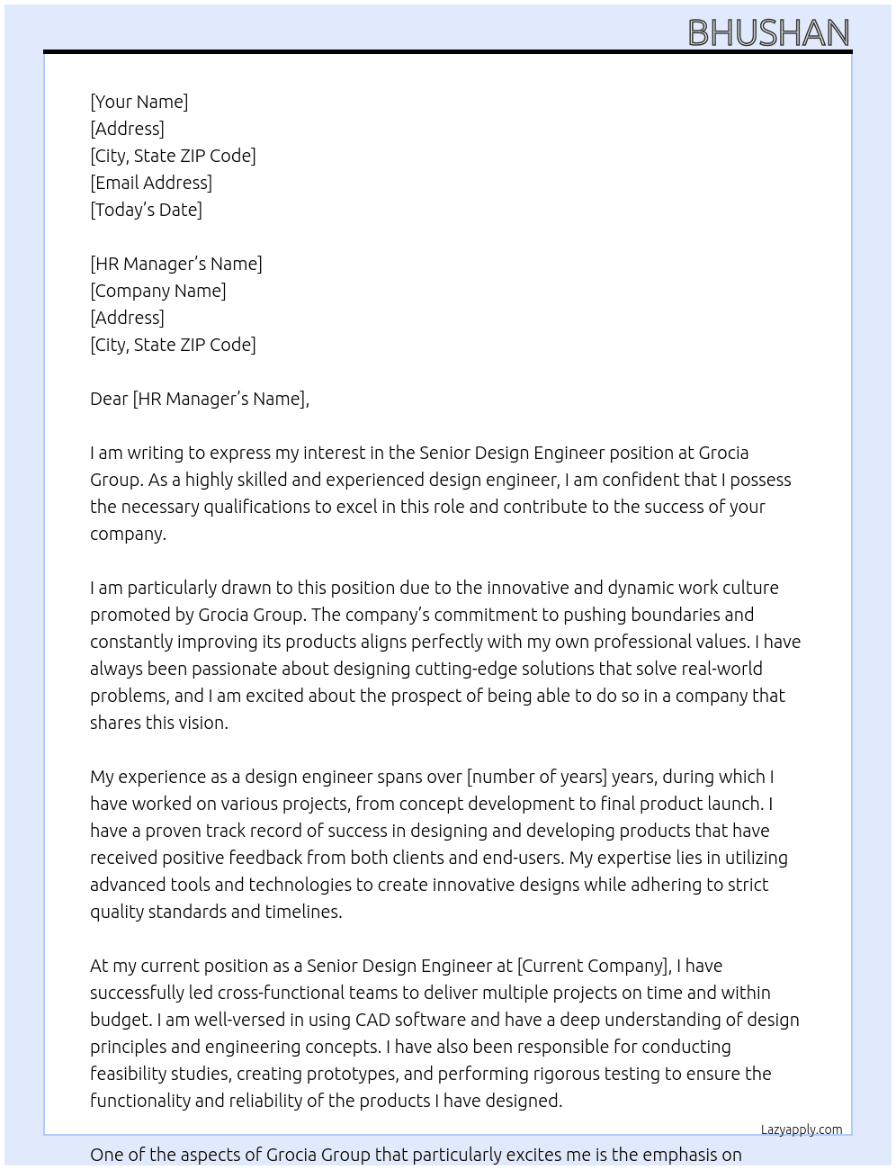 Senior design engineer At grocia group Cover Letter