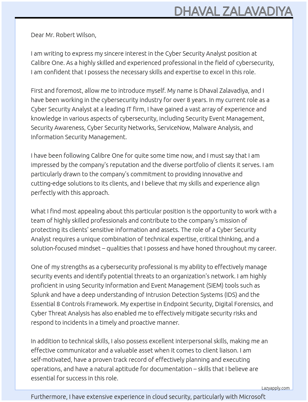 Cyber Security Analyst At Calibre One Cover Letter