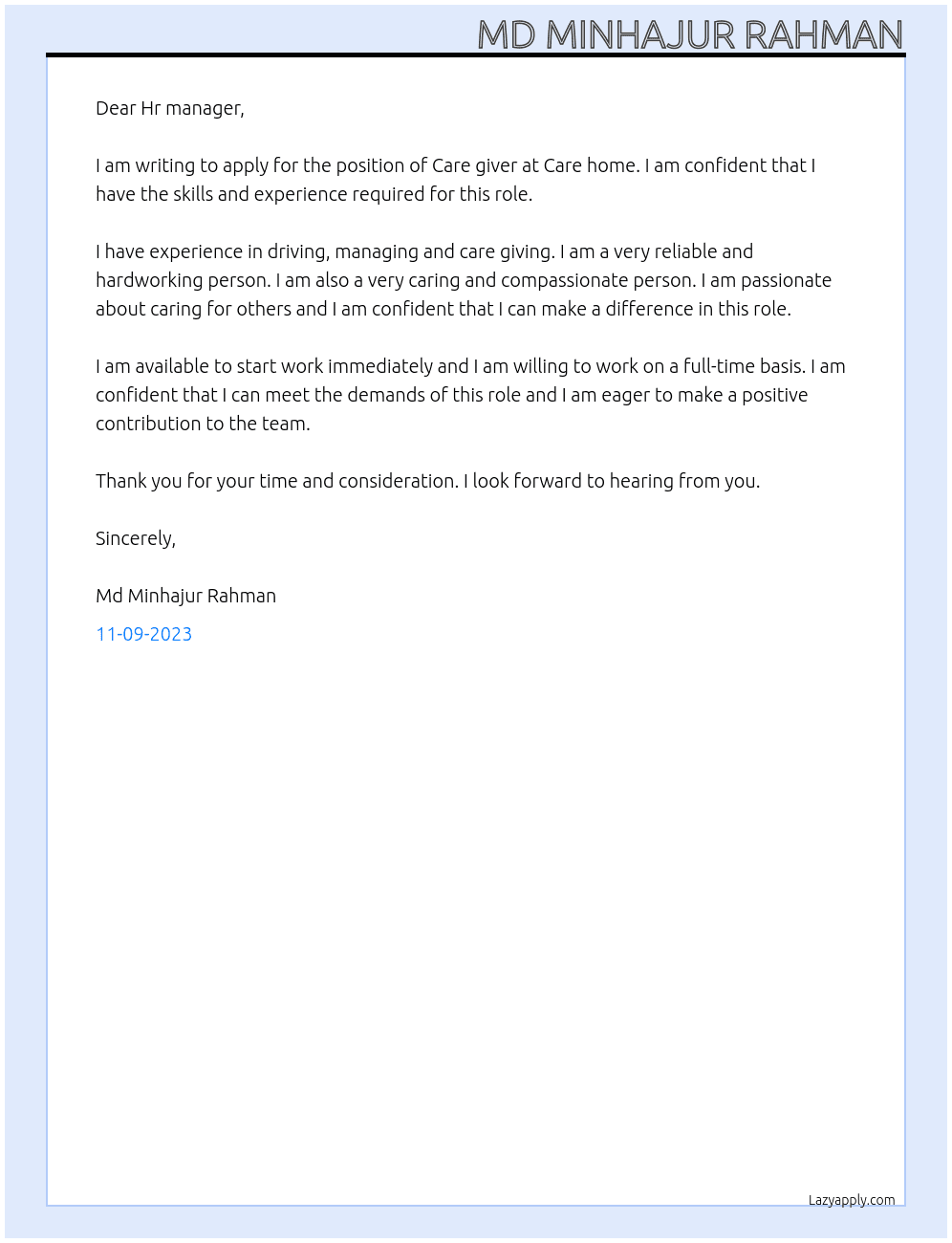 Care giver  At Care home Cover Letter