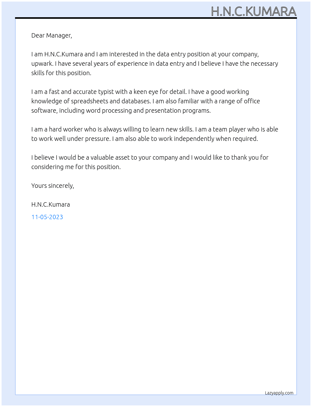data entry At upwark Cover Letter