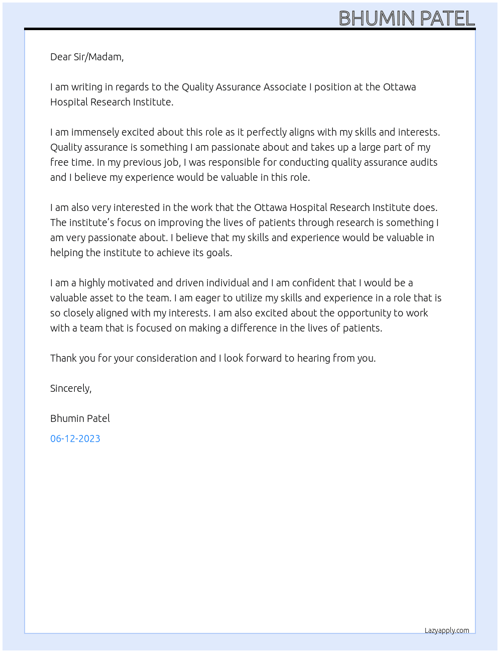 Quality Assurance Associate I At Ottawa Hospital Research Institute Cover Letter