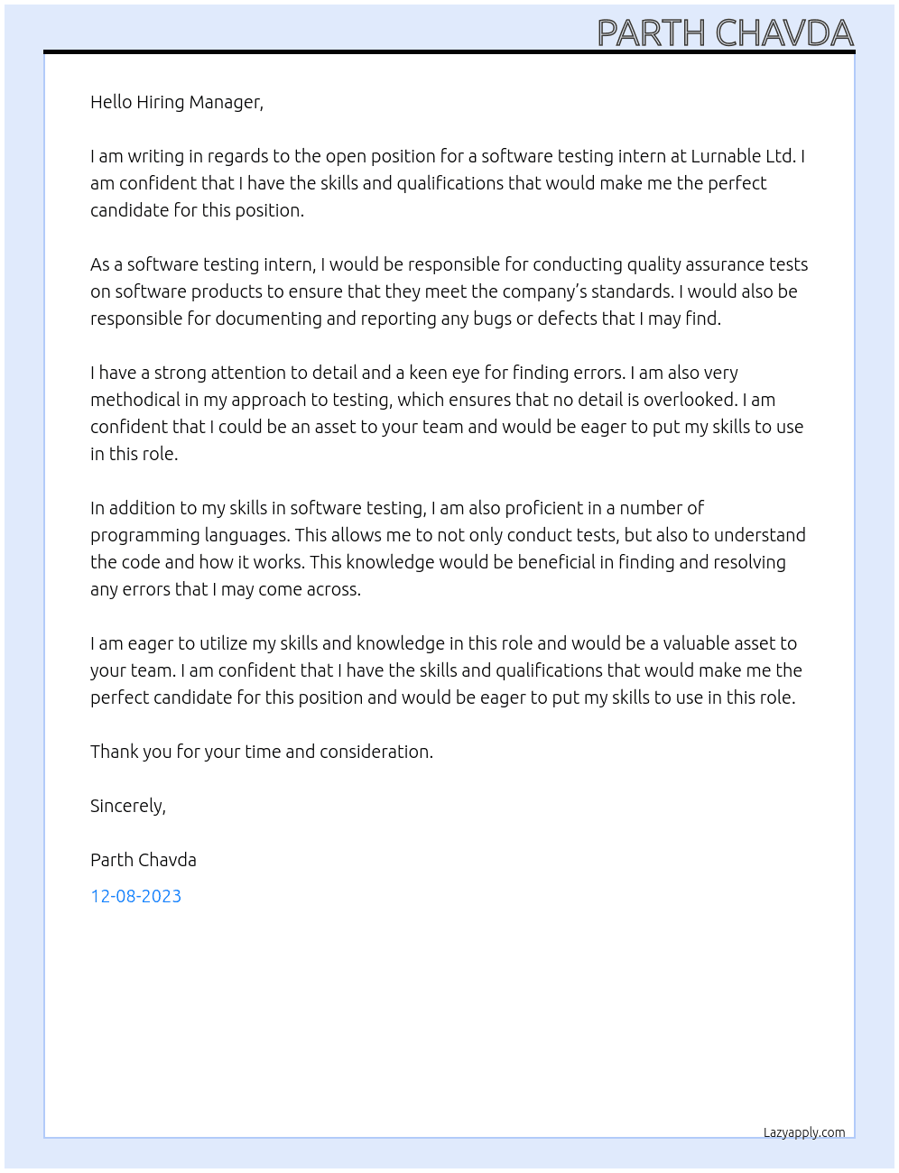 Software Testing Intern At Lurnable Ltd Cover Letter