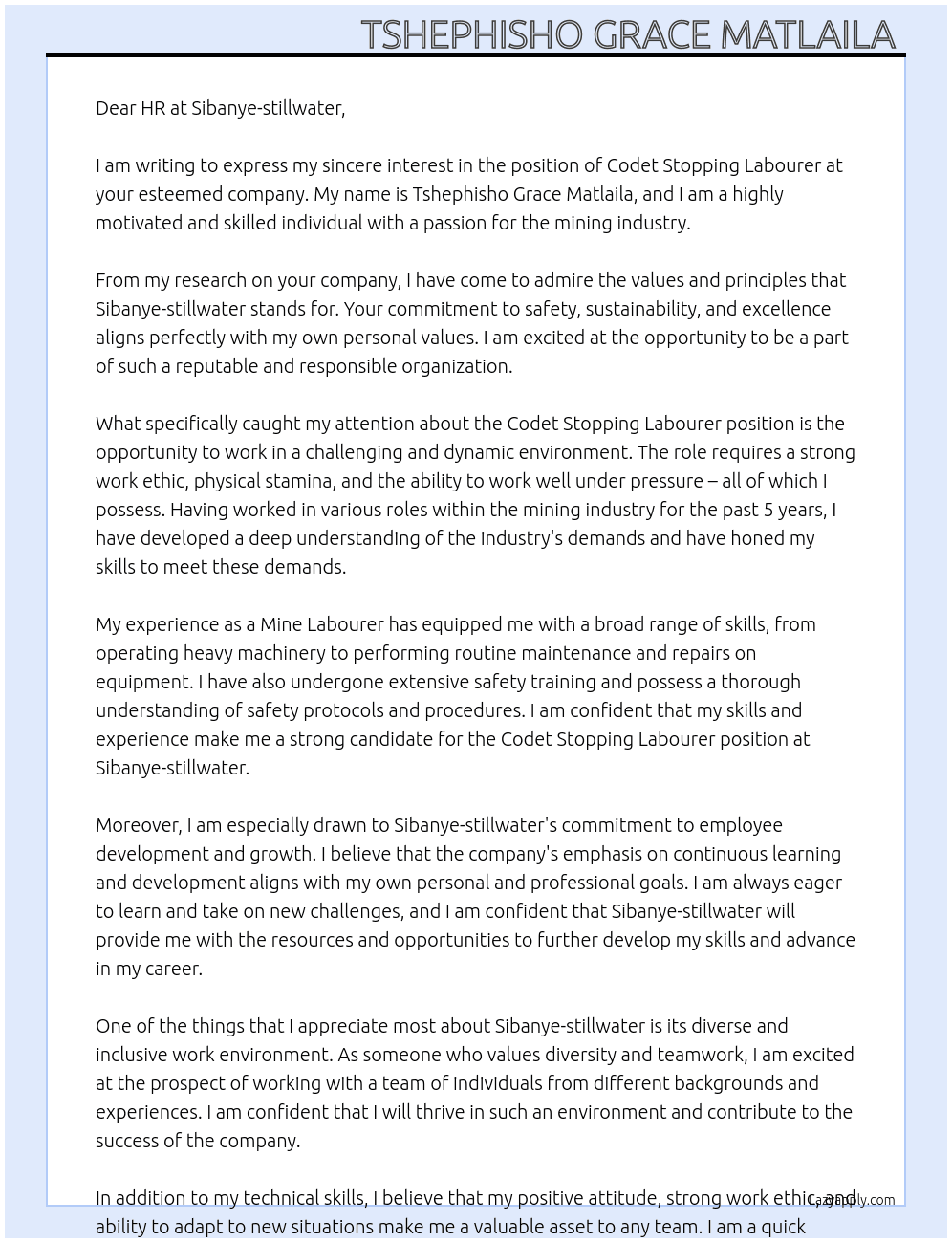Cover letter for codet stopping laboourer - LazyApply