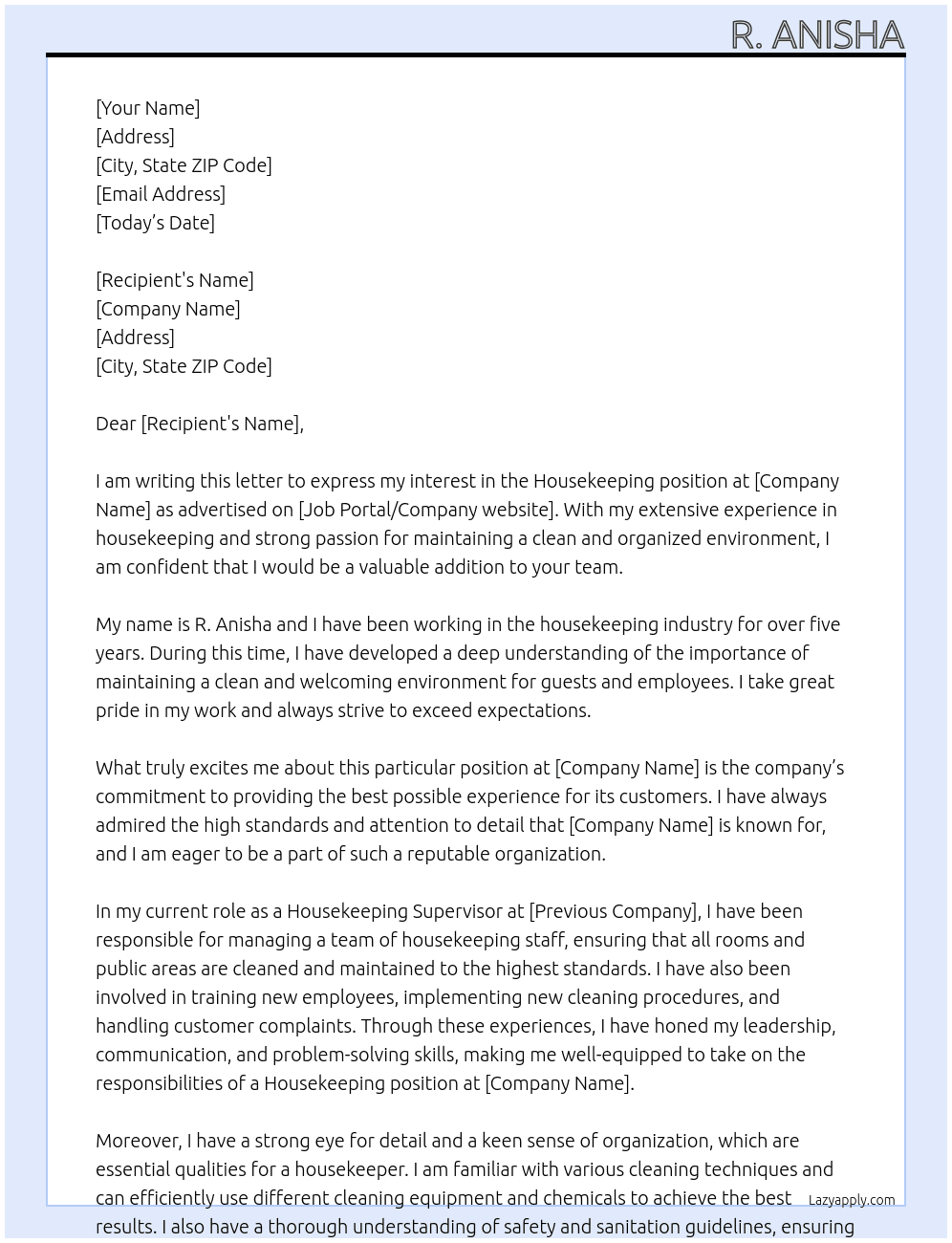 HOUSE KEEPING At R. ANISHA Cover Letter