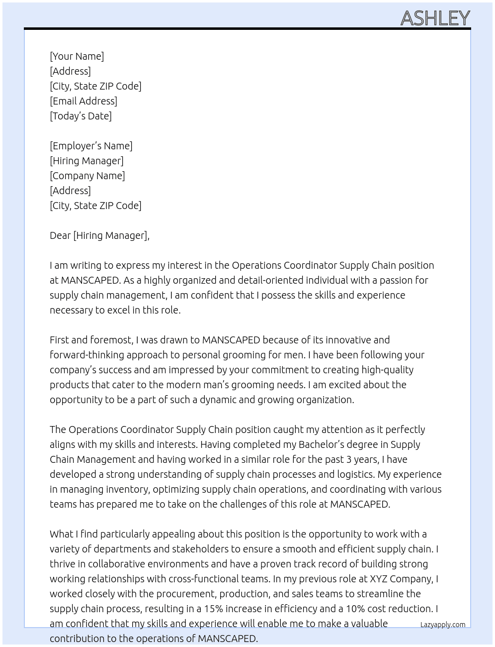Operations Coordinator Supply Chain At MANSCAPED Cover Letter