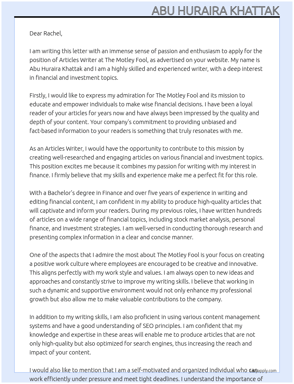 Articles Writer At The Motley Fool Cover Letter