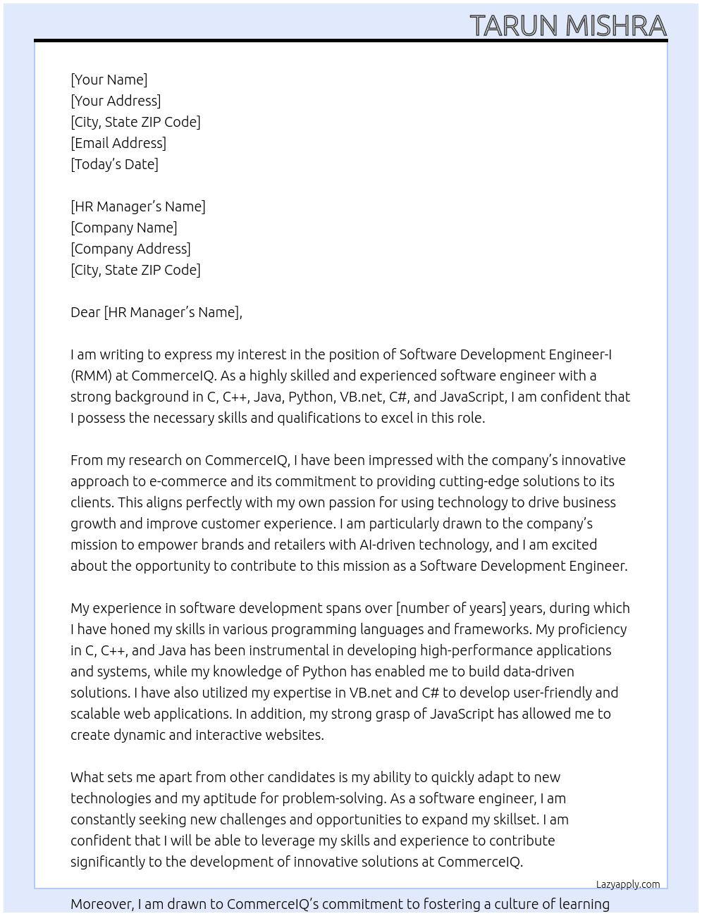 Software Development Engineer- I (RMM) At CommerceIQ Cover Letter