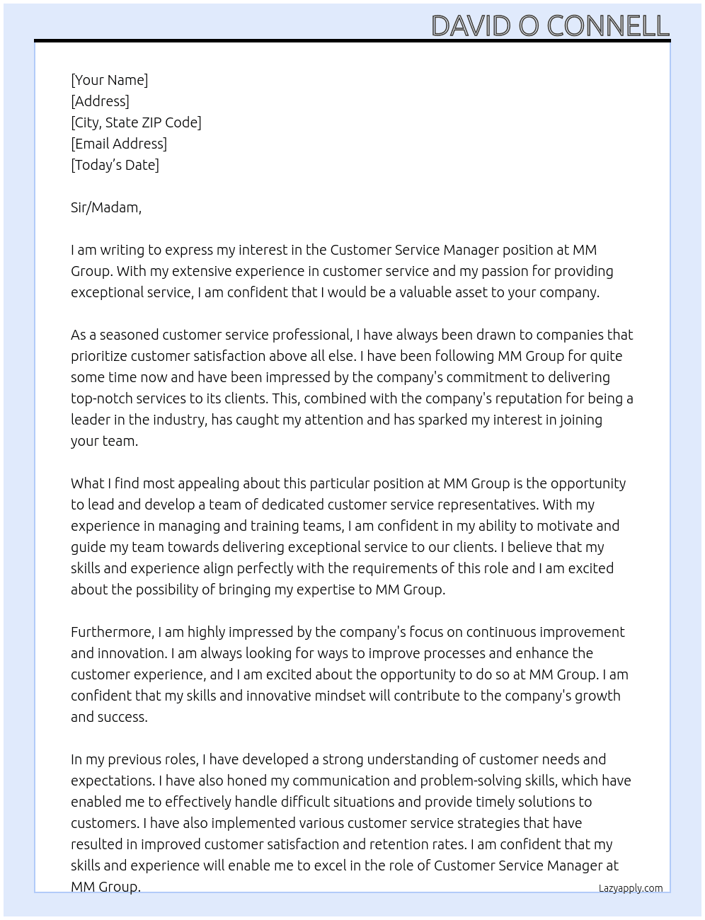Customer Service Manager  At MM Group  Cover Letter