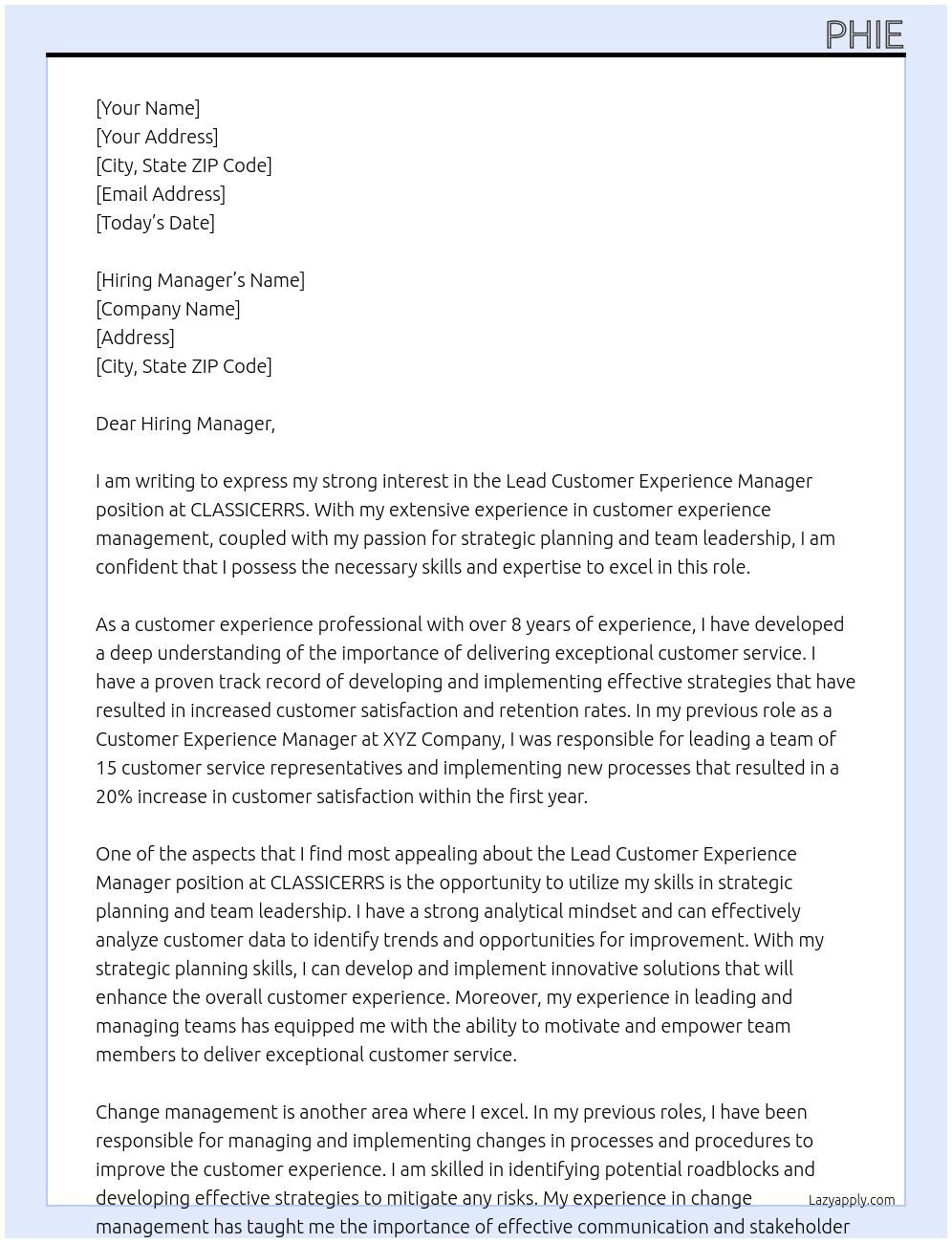 Lead Customer Experience Manager At CLASSICERRS Cover Letter