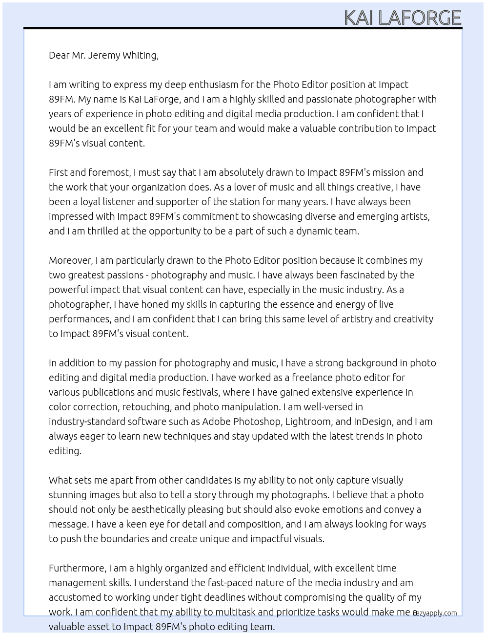 Photo editor At Impact 89FM Cover Letter
