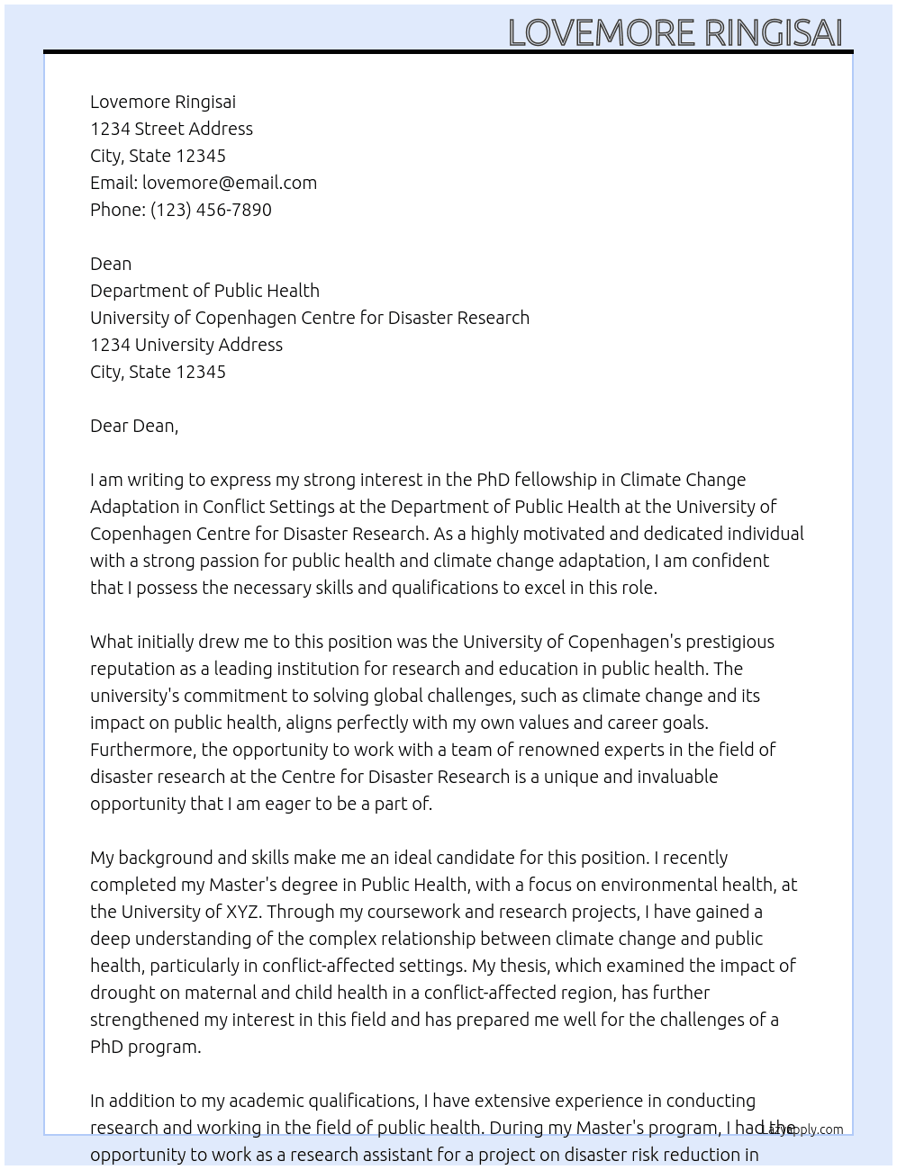 PhD fellowship in Climate Change Adaptation in Conflict Settings at The Department of Public Health At University of Copenhagen Centre for Disaster Research- Cover Letter