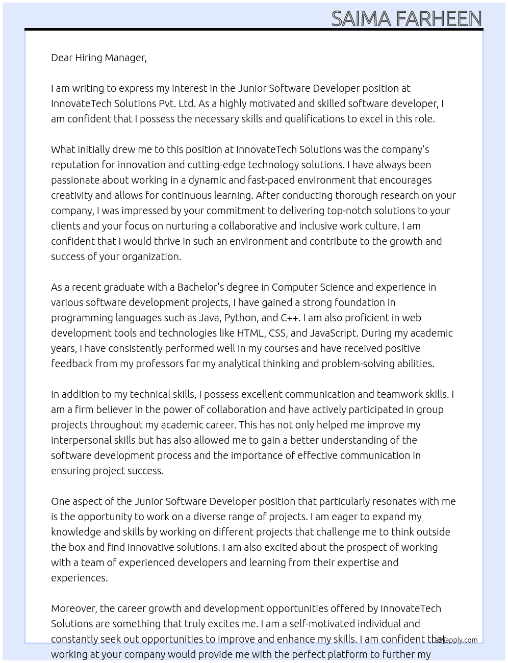 Junior Software Developer  At InnovateTech Solutions Pvt. Ltd. Cover Letter