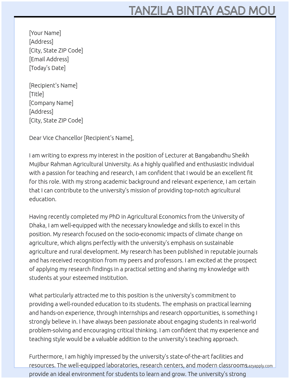 Lecturer  At Bangabandhu Sheikh Mujibur Rahman Agricultural  University  Cover Letter