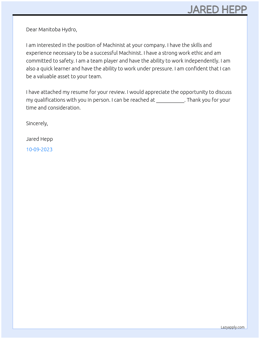 Machinist At Manitoba Hydro Cover Letter