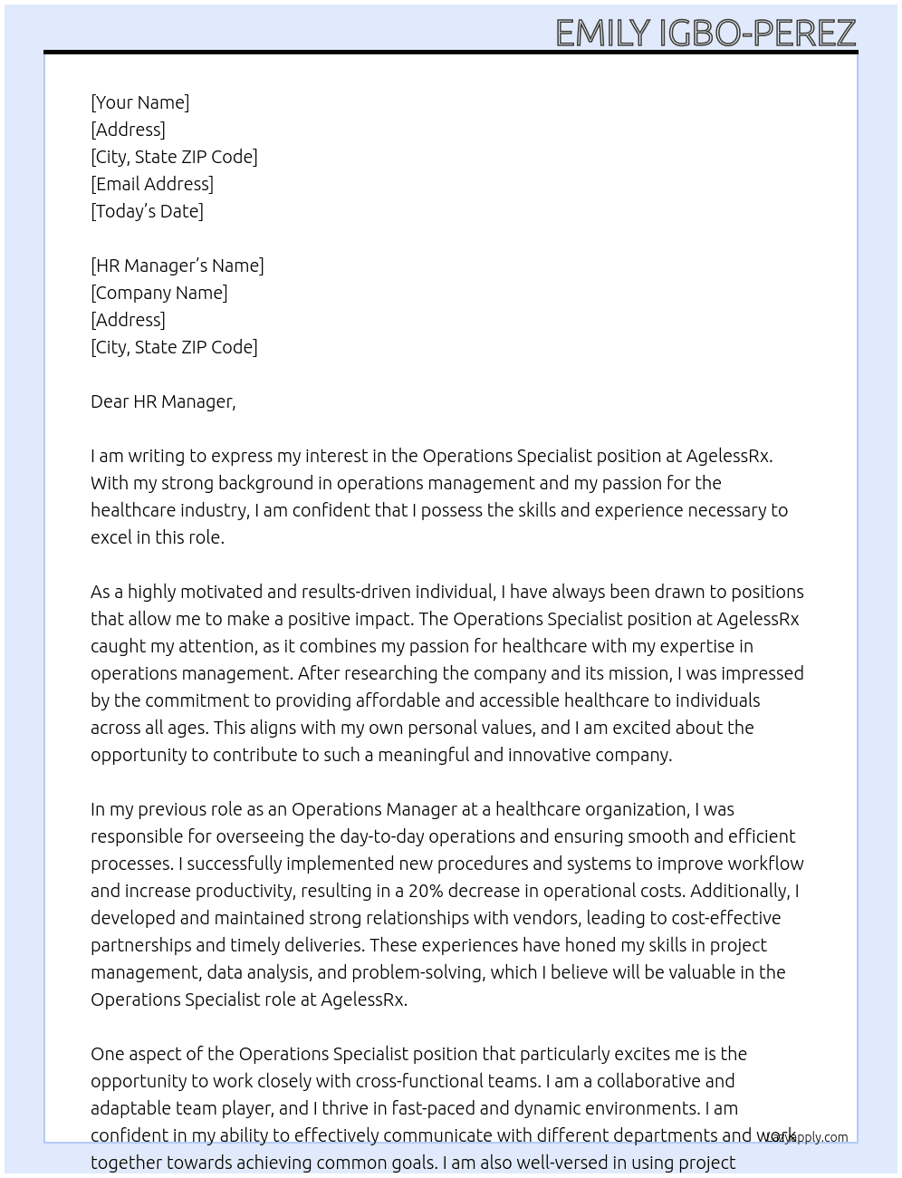 Operations Specialist At AgelessRx Cover Letter