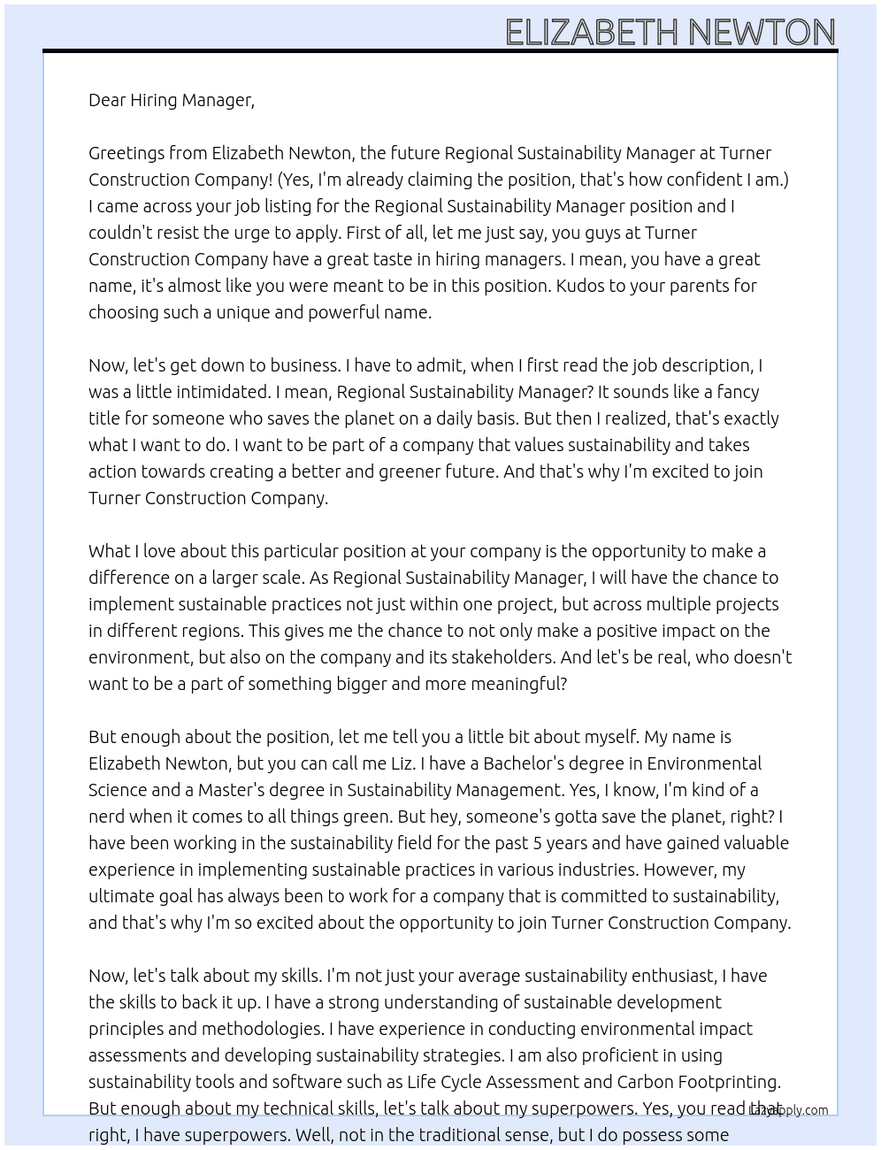 Regional Sustainability Manager At Turner Construction Company Cover Letter