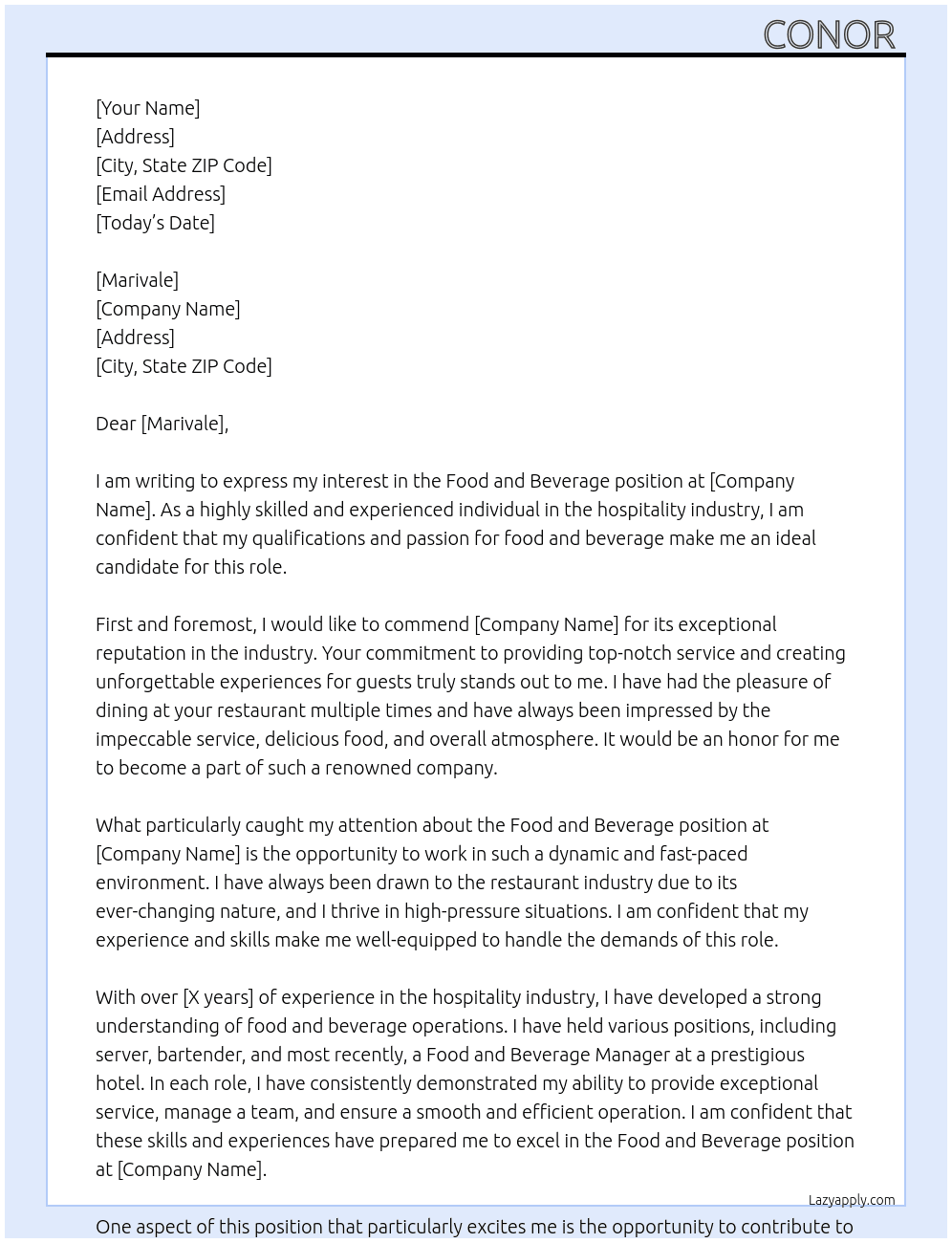 Food and Beverage  At Marivale Cover Letter