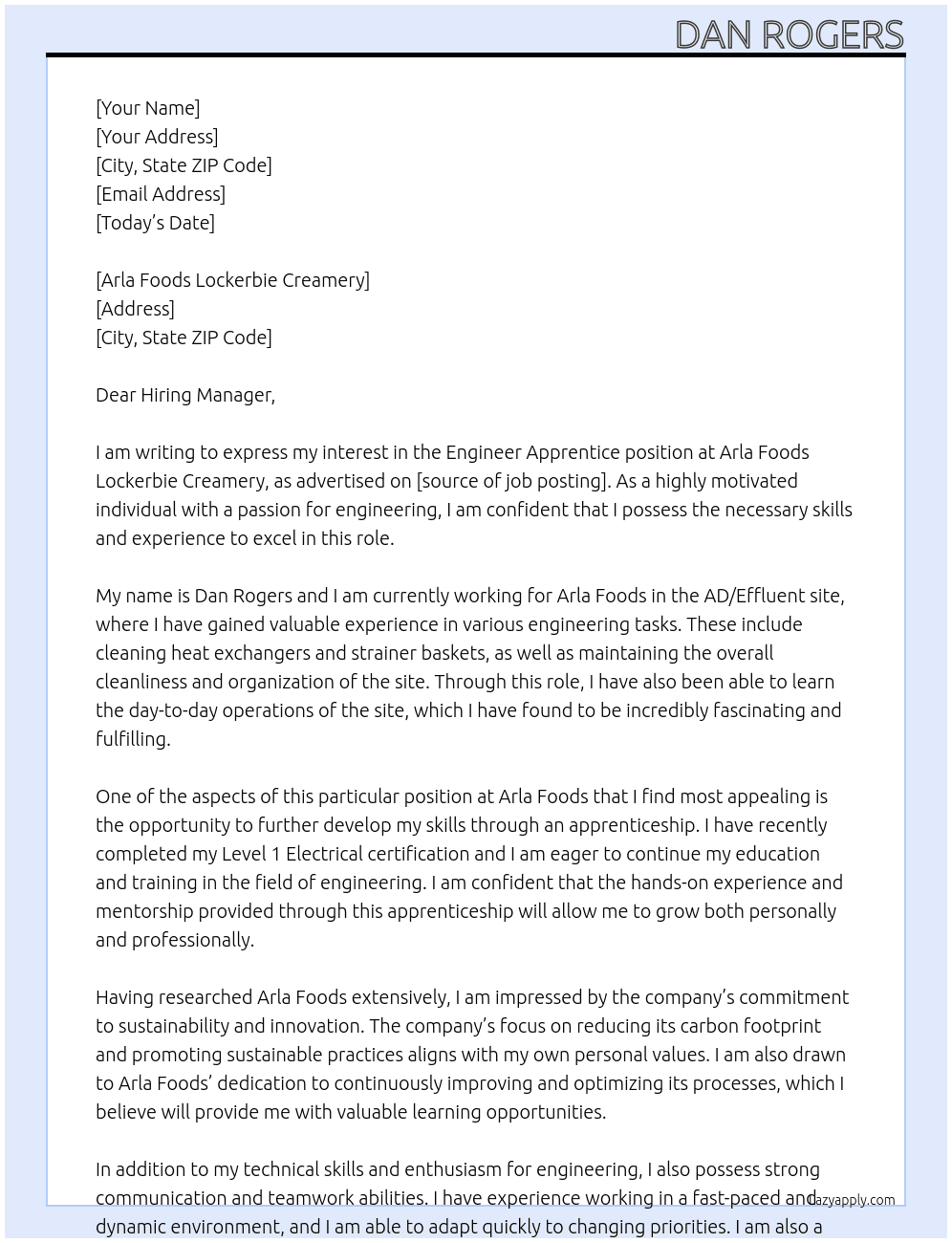 Engineer Apprentice At Arla Foods Lockerbie Creamery Cover Letter