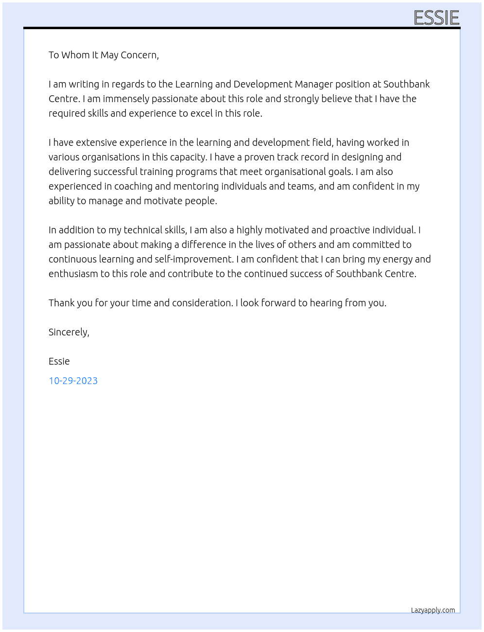 Learning and development manager At Southbank centre Cover Letter