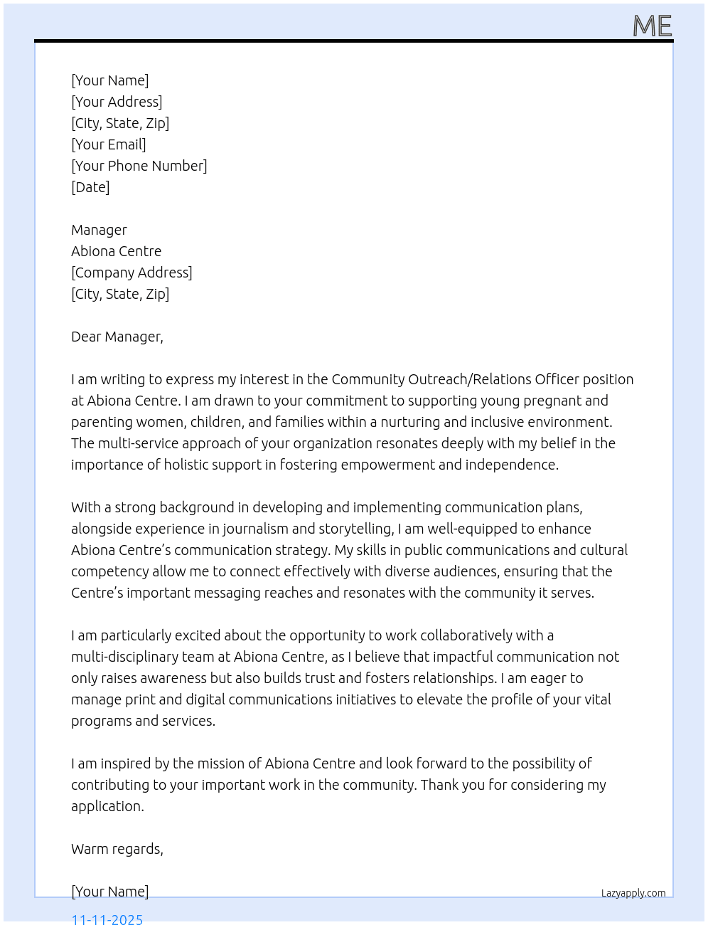 Community Outreach / Relations Officer At You Cover Letter