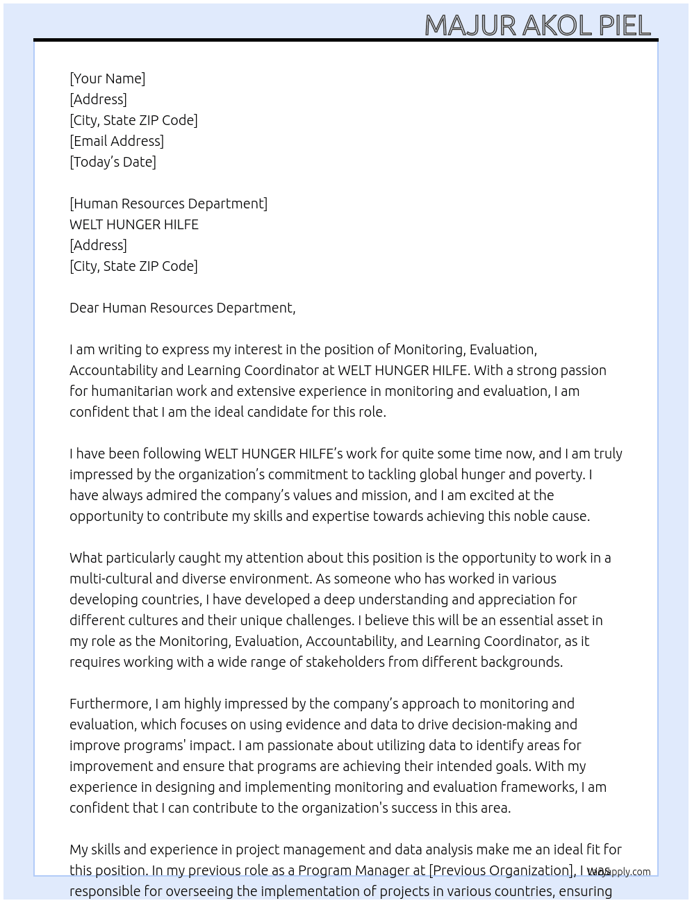 Monitoring, Evaluation, Accountability and Learning Coordinator  At WELT HUNGER HILFE  Cover Letter