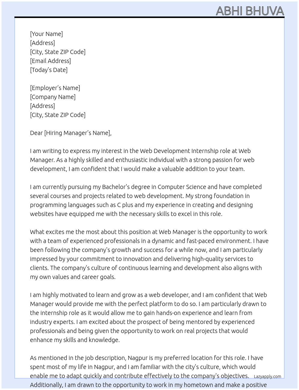 Web development At Web manager Cover Letter