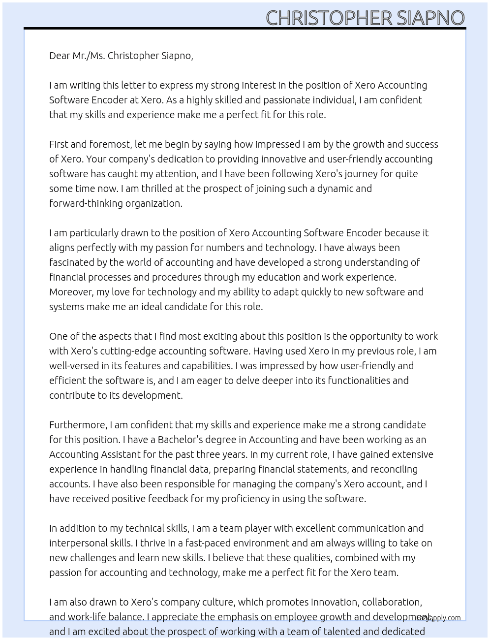 Xero Accounting Software Encoder At Xero Cover Letter