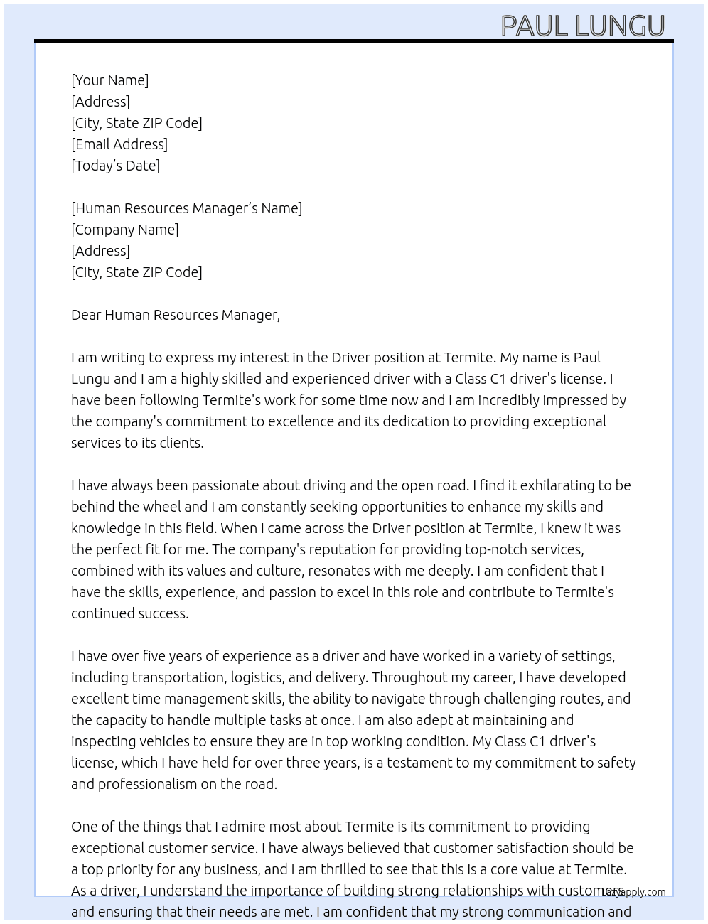 Driver  At Termite  Cover Letter