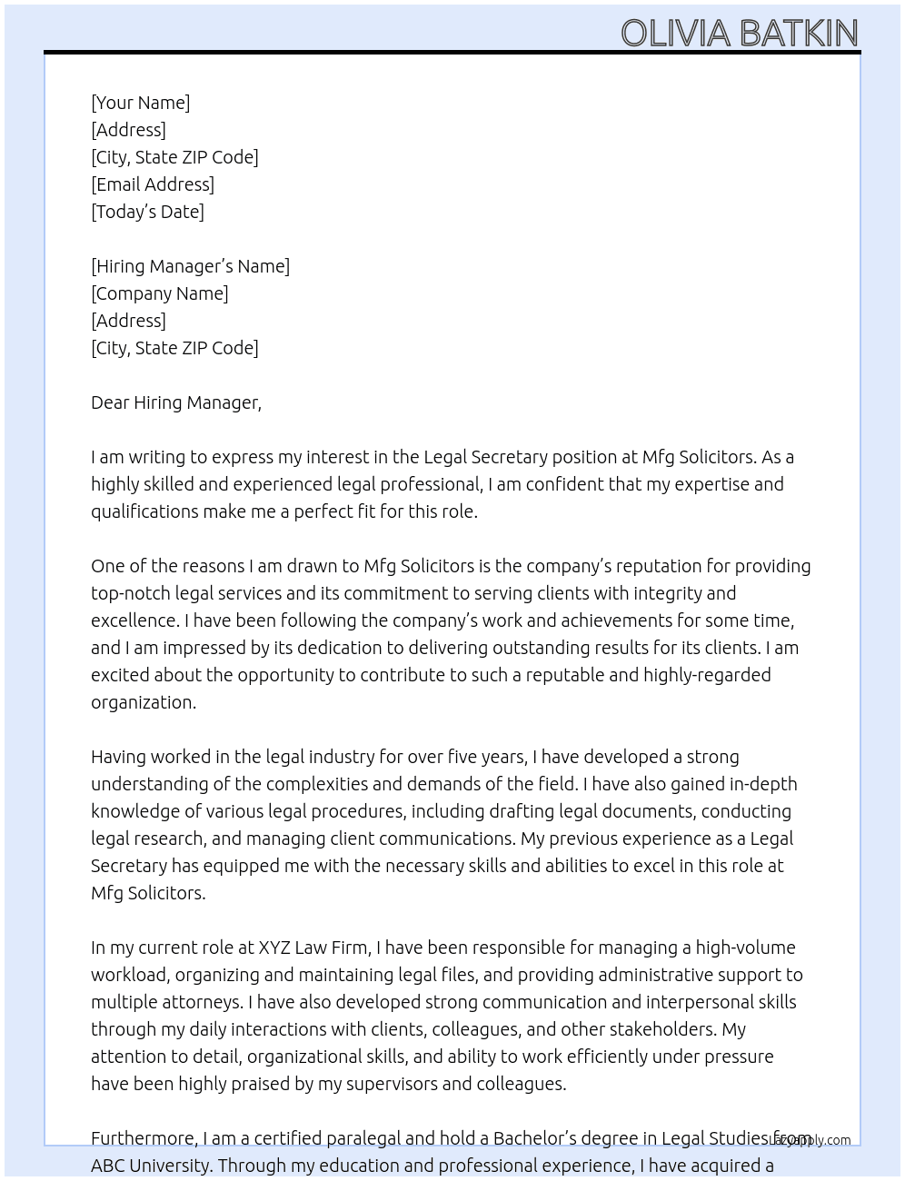 Legal Secretaey At Mfg Solicitors  Cover Letter